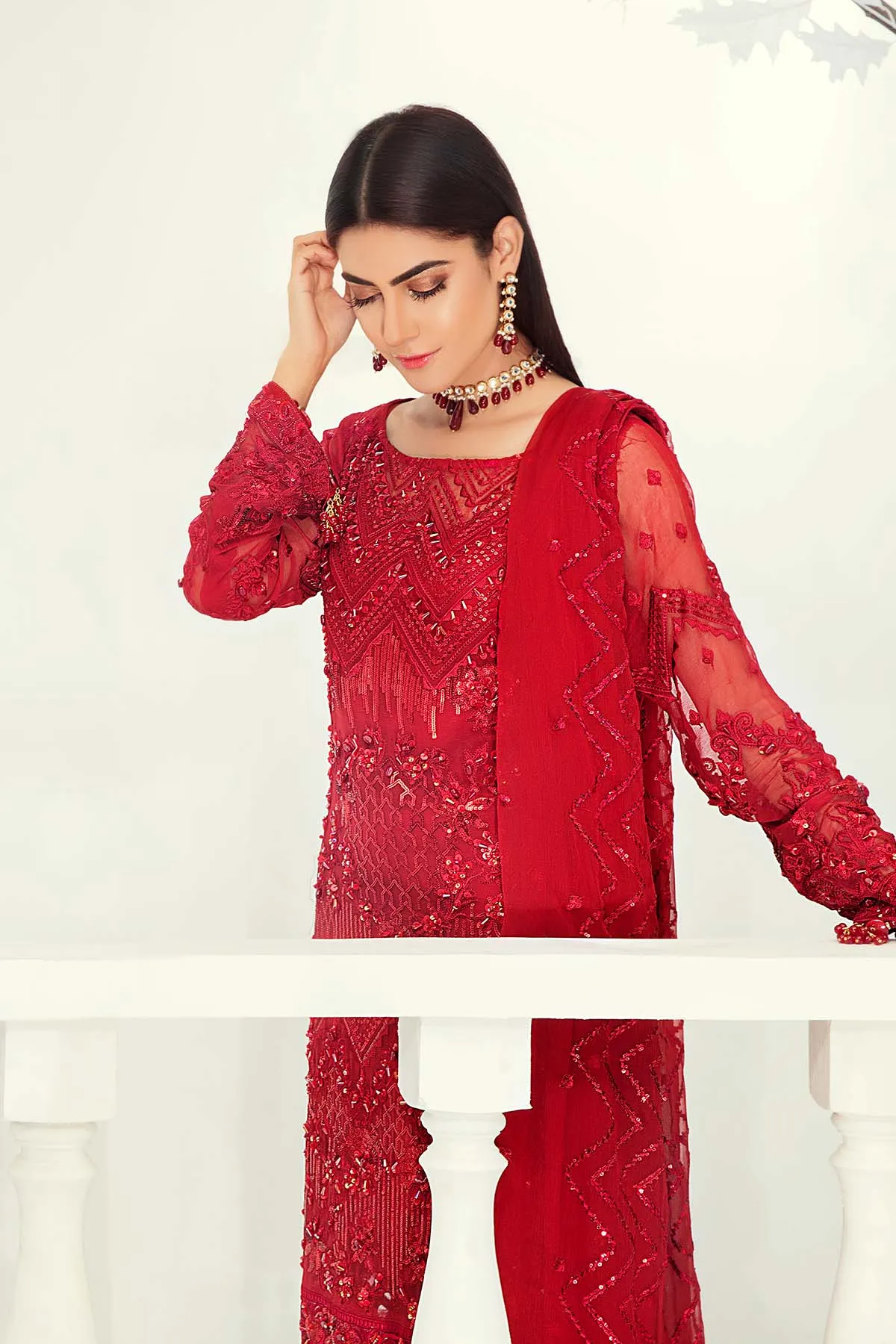Pakistani Chiffon Suit in Red Color #J6116
