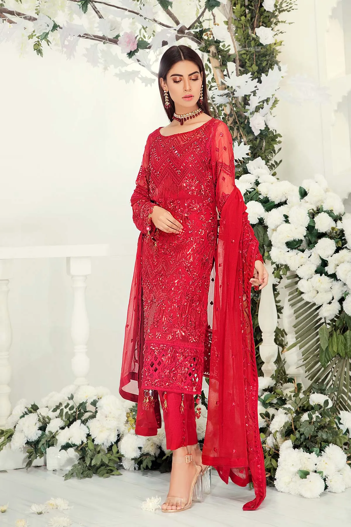Pakistani Chiffon Suit in Red Color #J6116