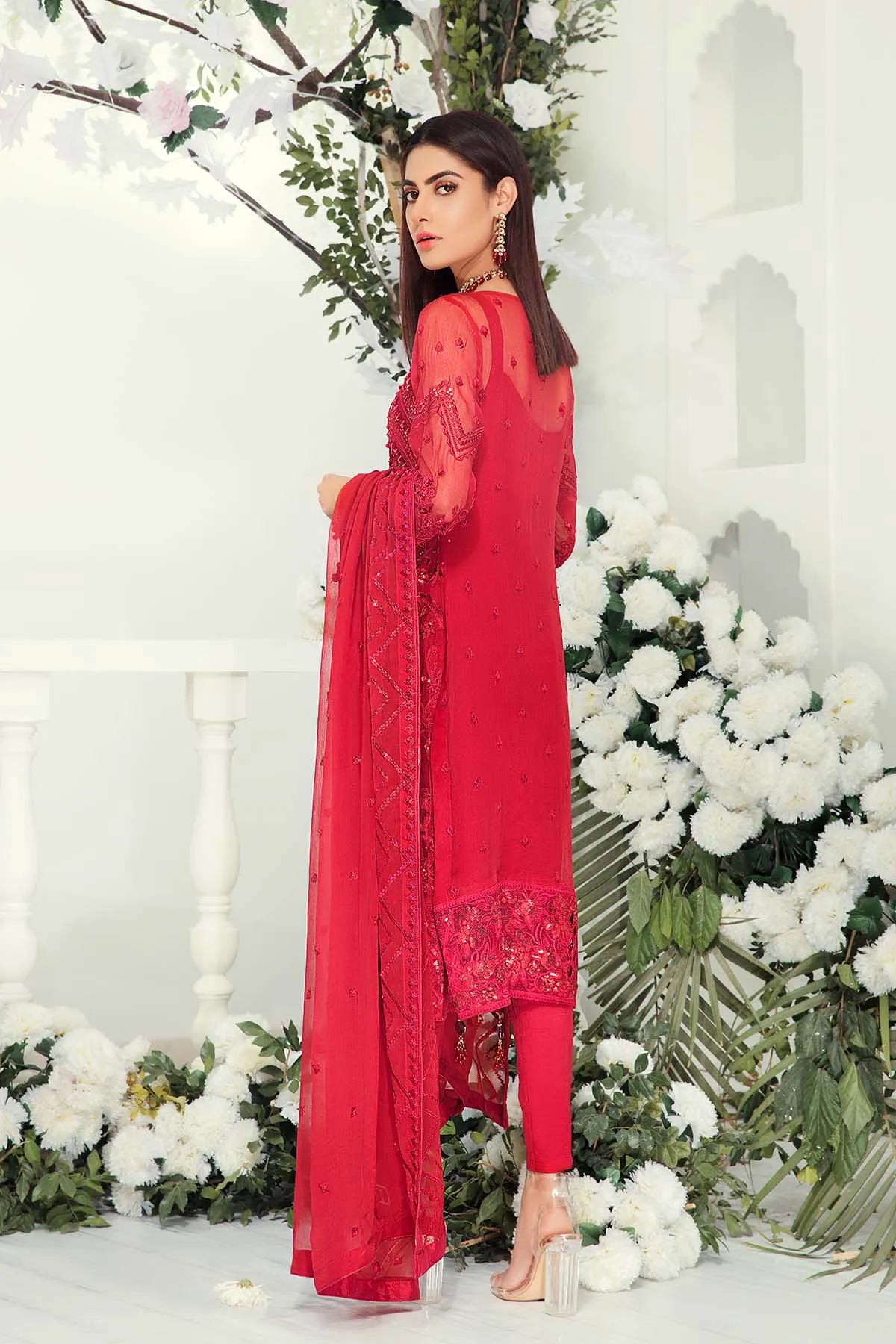 Pakistani Chiffon Suit in Red Color #J6116