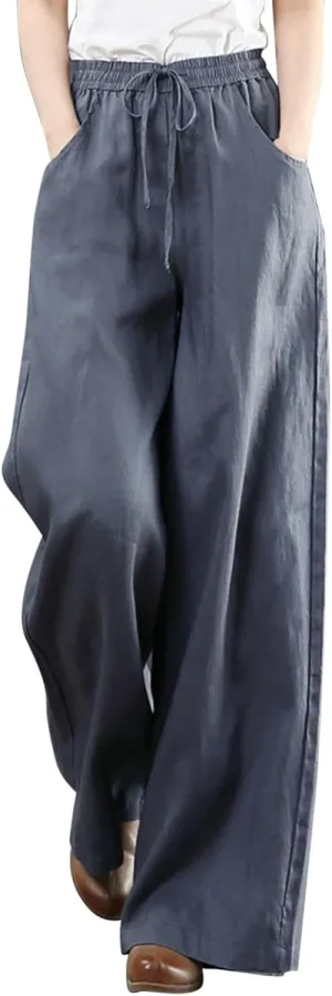 Palazzo Pants for Women Casual Plus Size Linen Pants Summer Comfy Wide Leg Drawstring Elastic Waist Lounge Pants