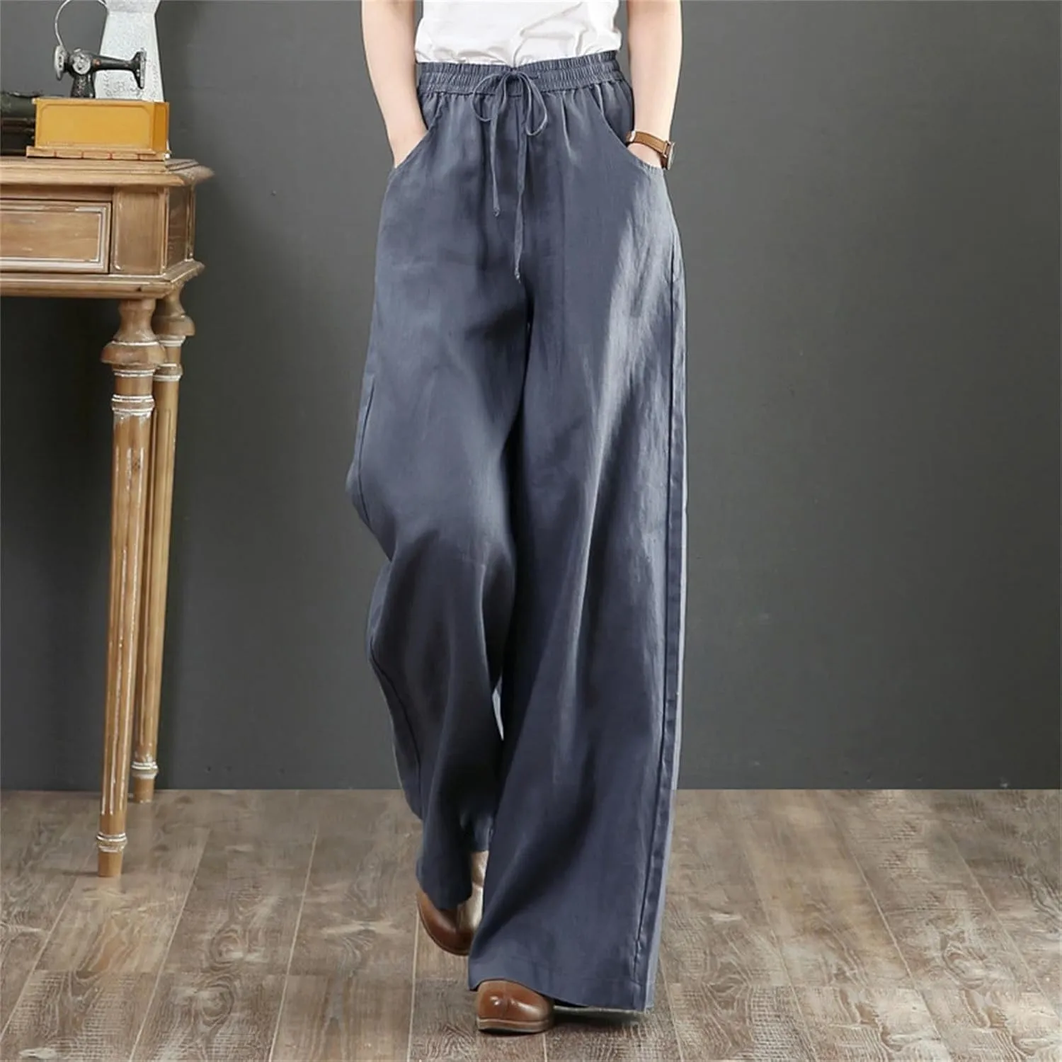 Palazzo Pants for Women Casual Plus Size Linen Pants Summer Comfy Wide Leg Drawstring Elastic Waist Lounge Pants