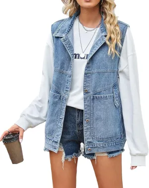 PAODIKUAI Women's Oversized Denim Vest Mid Long Jean Vest Sleeveless Jackets Distressed Vest Cotton