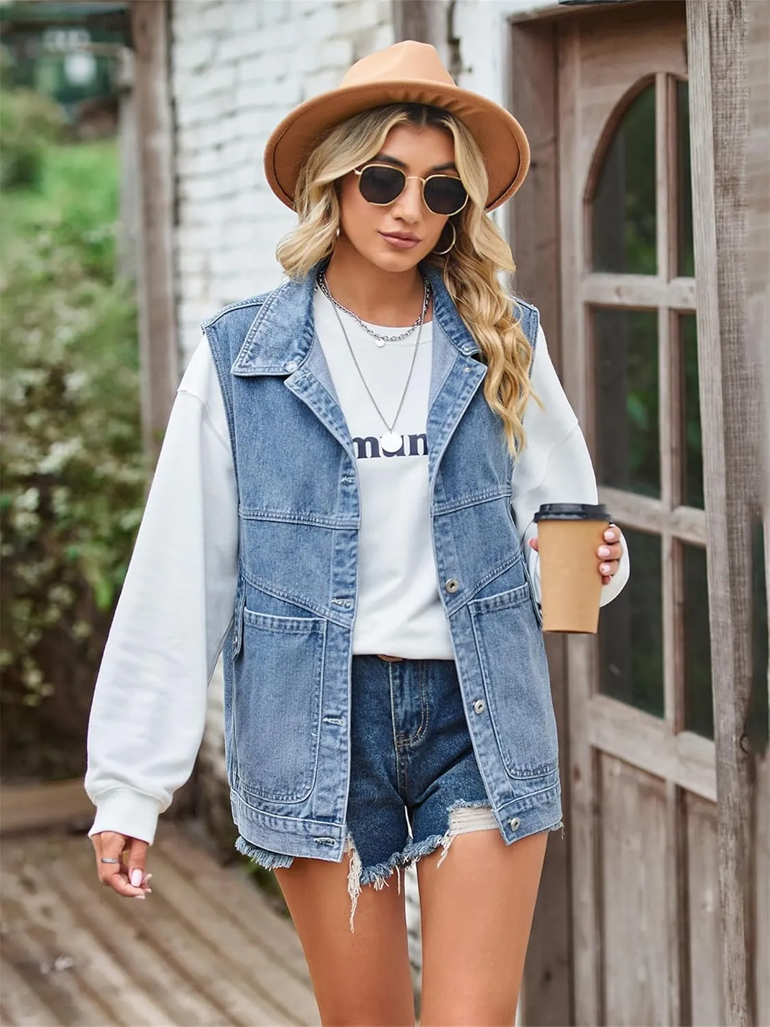 PAODIKUAI Women's Oversized Denim Vest Mid Long Jean Vest Sleeveless Jackets Distressed Vest Cotton