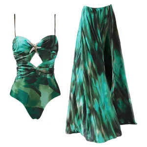 Pat - Starfish Print Hollow-Out Flared Skirt Swimsuit Set