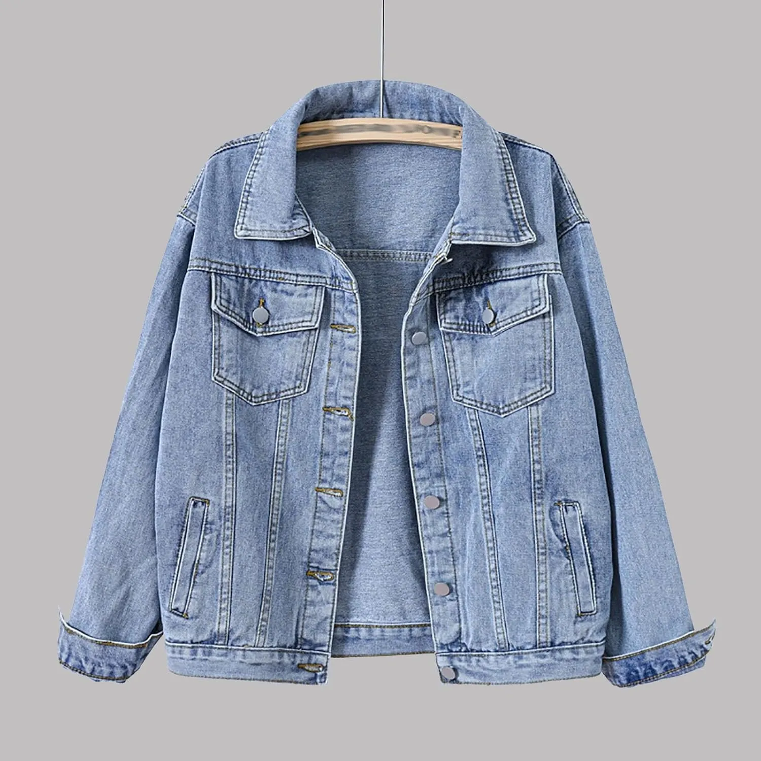 Pearls Denim Jacket For Woemn 3/4 Sleeve Button Down Plus Size Denim Jacket Basic Lapel Trucker Coat
