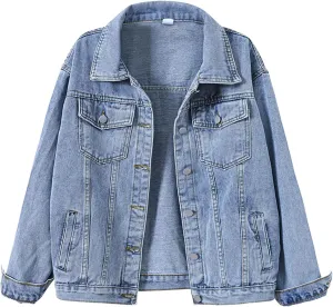 Pearls Denim Jacket For Woemn 3/4 Sleeve Button Down Plus Size Denim Jacket Basic Lapel Trucker Coat