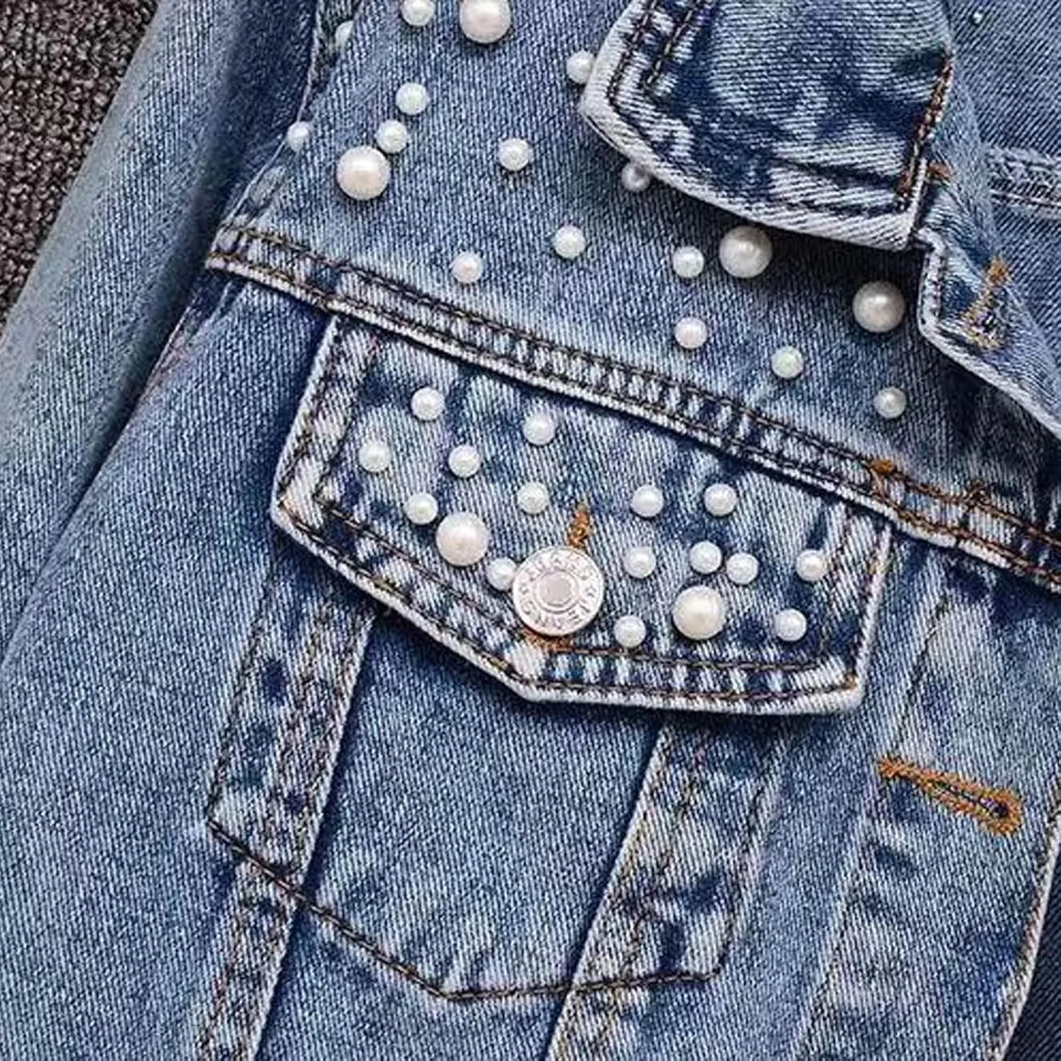Pearls Denim Jacket For Woemn 3/4 Sleeve Button Down Plus Size Denim Jacket Basic Lapel Trucker Coat