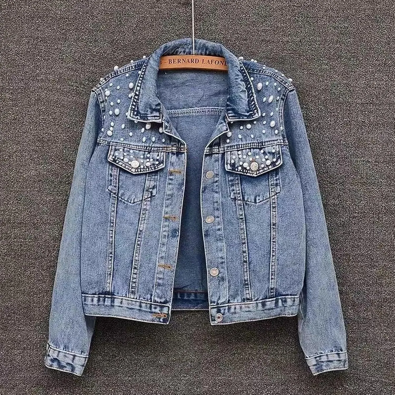 Pearls Denim Jacket For Woemn 3/4 Sleeve Button Down Plus Size Denim Jacket Basic Lapel Trucker Coat