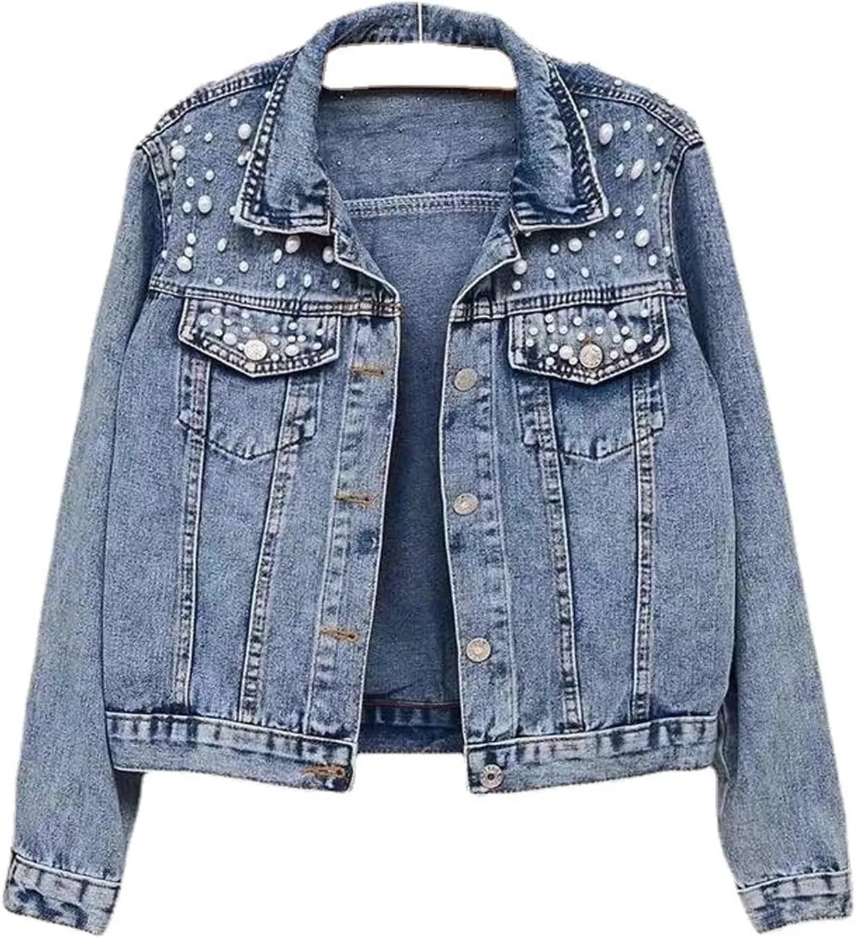 Pearls Denim Jacket For Woemn 3/4 Sleeve Button Down Plus Size Denim Jacket Basic Lapel Trucker Coat