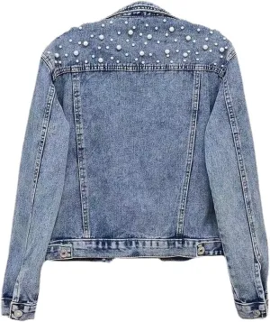 Pearls Denim Jacket For Woemn 3/4 Sleeve Button Down Plus Size Denim Jacket Basic Lapel Trucker Coat