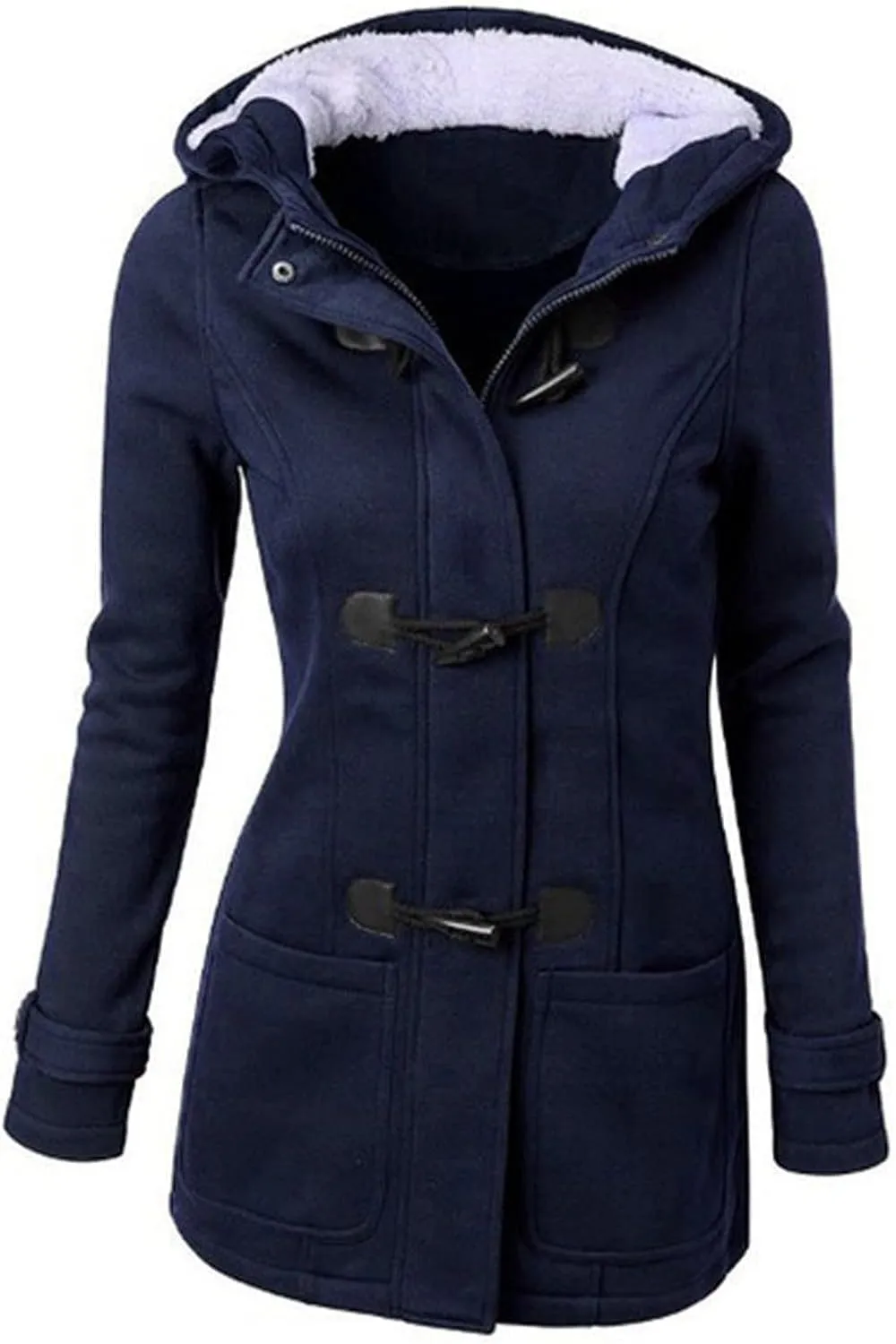 PeQAQ Womens Winter Warm Coats Fashion Horn Button Fleece Thicken Hooded Jacket Trendy Casual Slim Trench Coat Overcoat