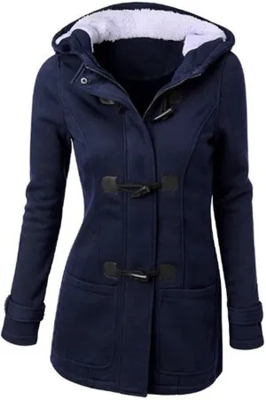 PeQAQ Womens Winter Warm Coats Fashion Horn Button Fleece Thicken Hooded Jacket Trendy Casual Slim Trench Coat Overcoat