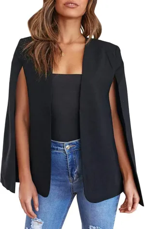 Perbai Womens Casual Cape Blazer Split Sleeve Open Front Work Office OL Blazers Jacket