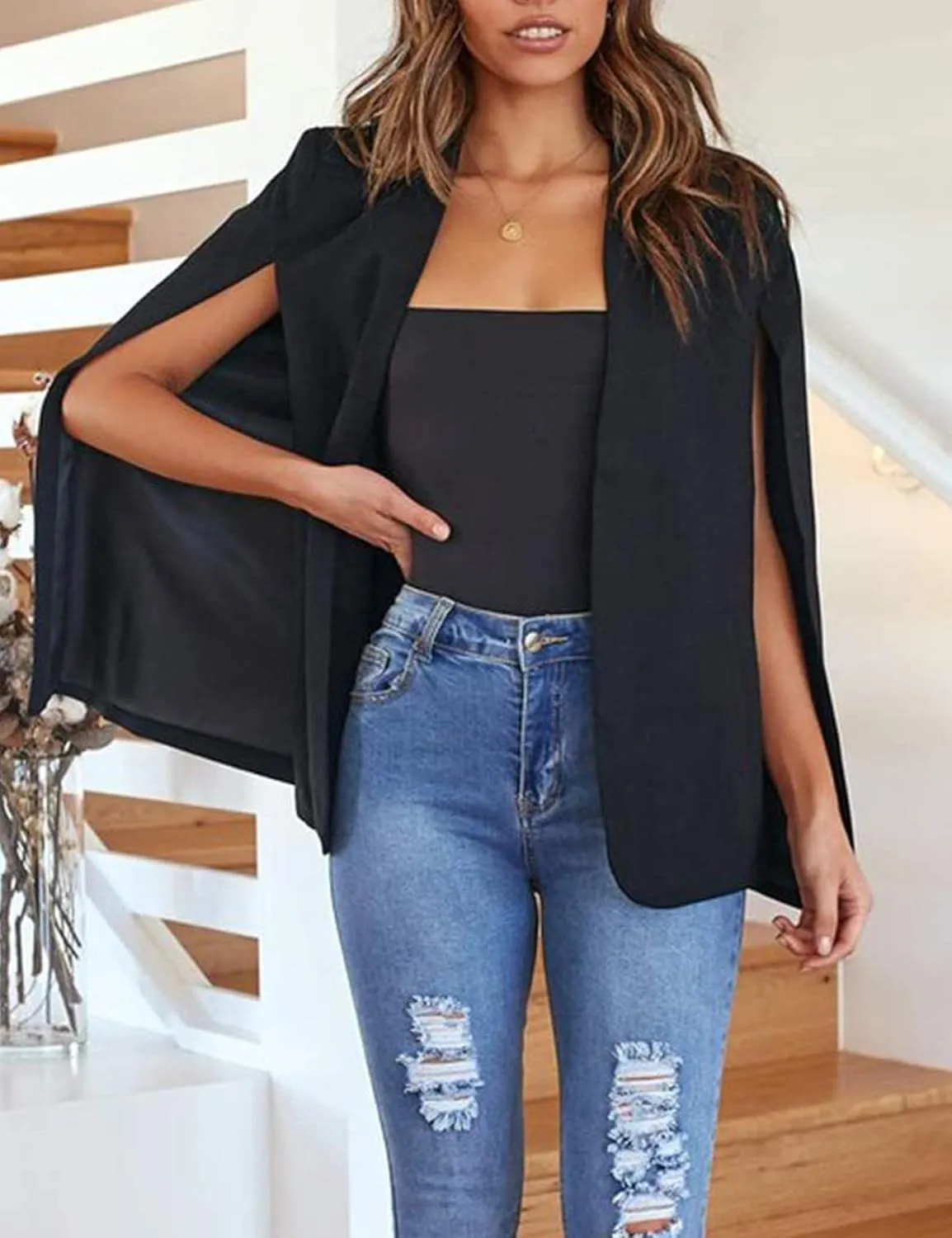 Perbai Womens Casual Cape Blazer Split Sleeve Open Front Work Office OL Blazers Jacket