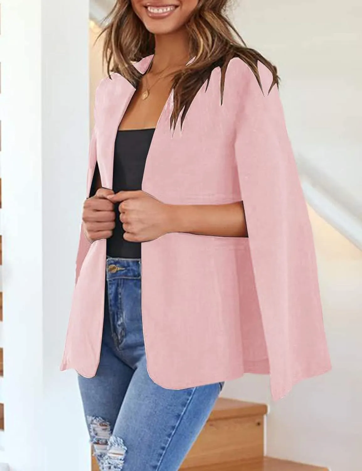 Perbai Womens Casual Cape Blazer Split Sleeve Open Front Work Office OL Blazers Jacket