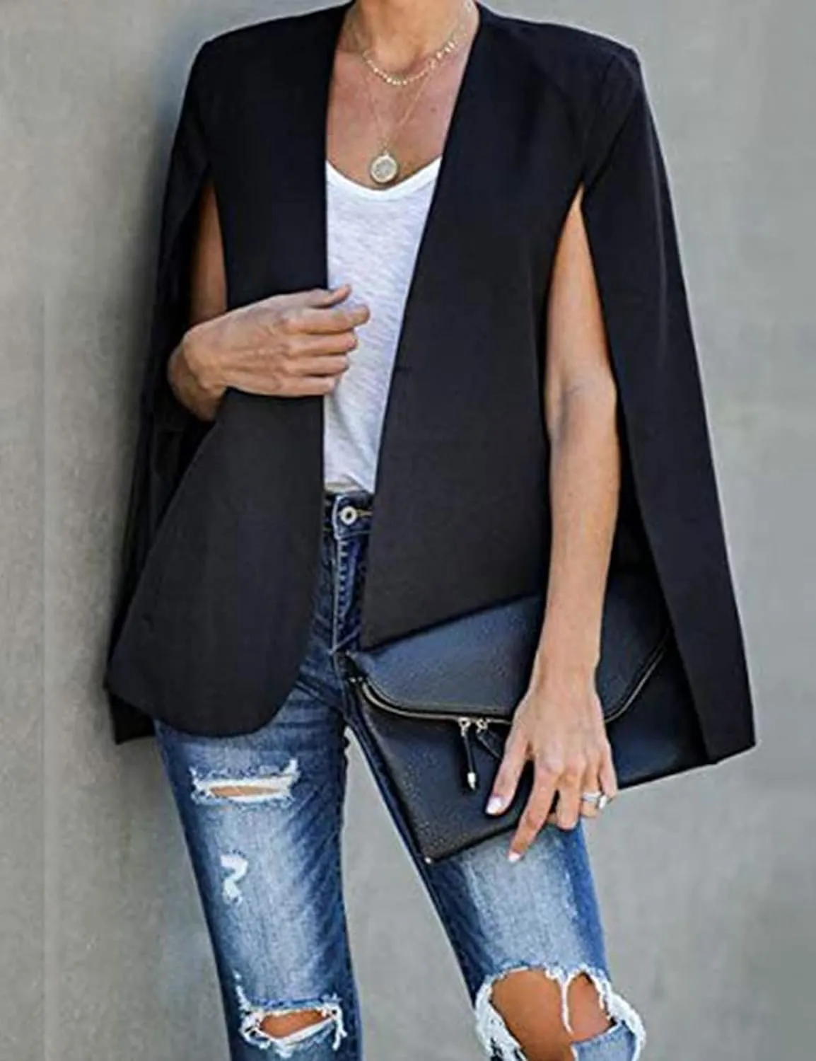 Perbai Womens Casual Cape Blazer Split Sleeve Open Front Work Office OL Blazers Jacket