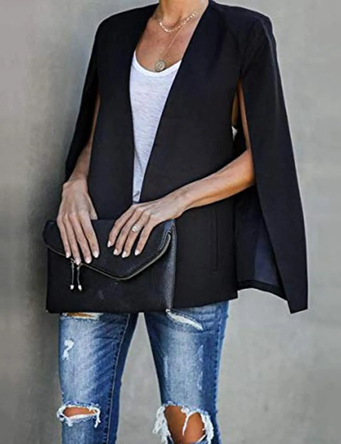 Perbai Womens Casual Cape Blazer Split Sleeve Open Front Work Office OL Blazers Jacket