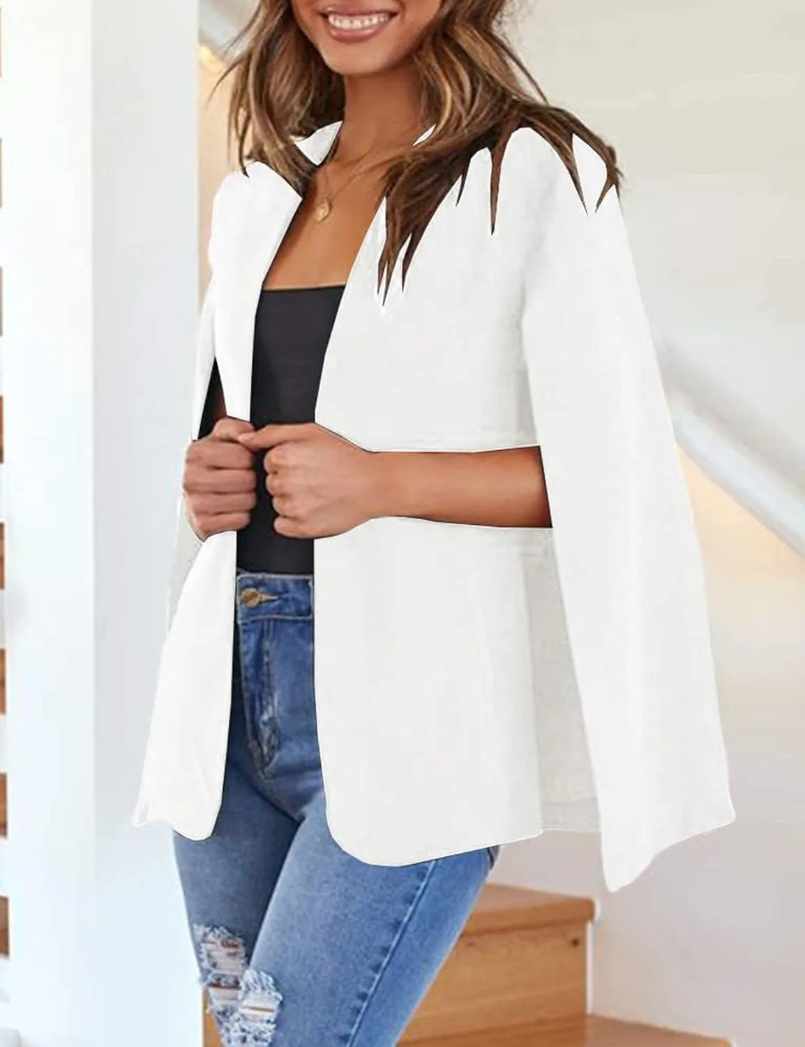 Perbai Womens Casual Cape Blazer Split Sleeve Open Front Work Office OL Blazers Jacket