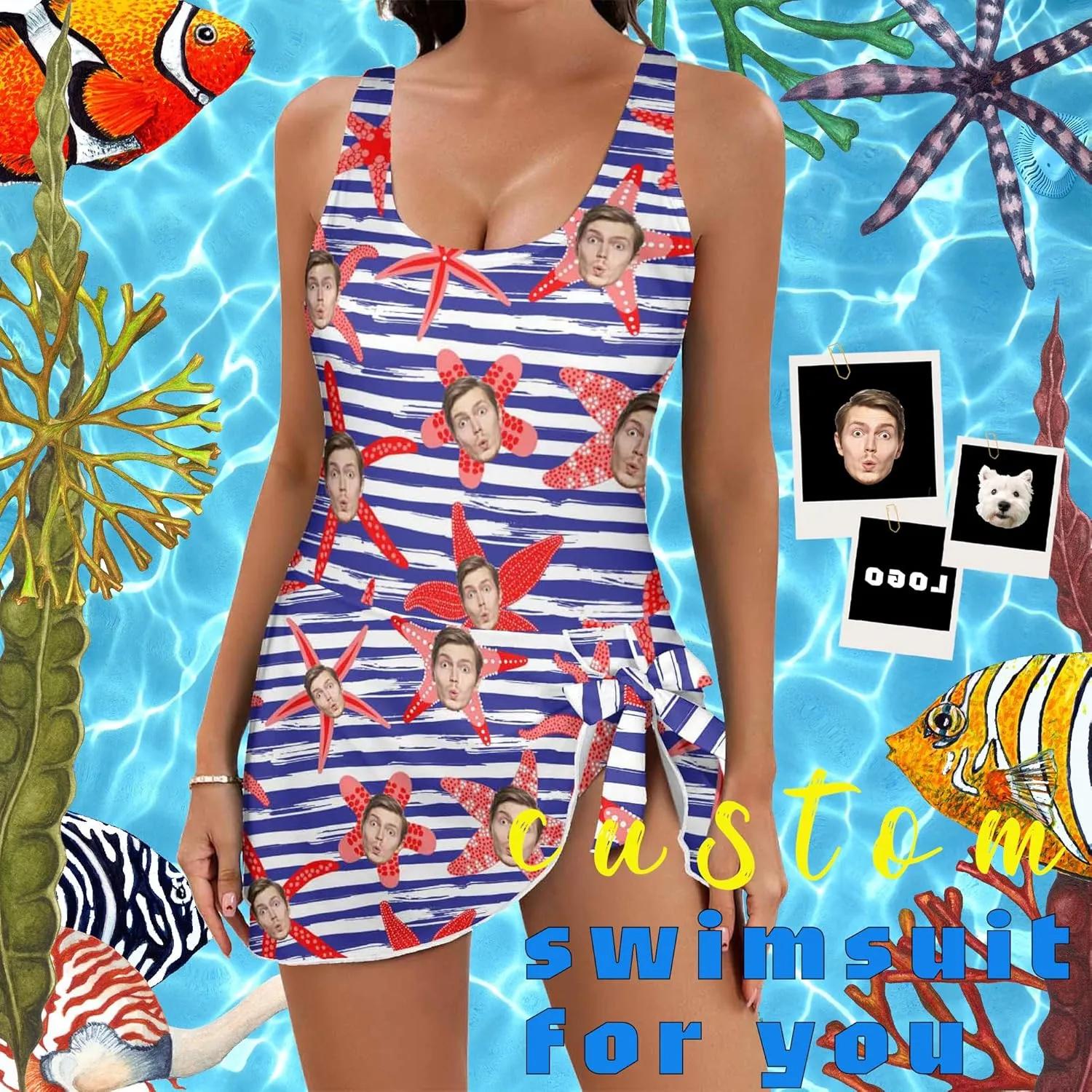 Personalized Face Swimsuit Women's One Piece Skirted Swimsuit Custom Picture Swimwear Bathing Suits with Face Photo