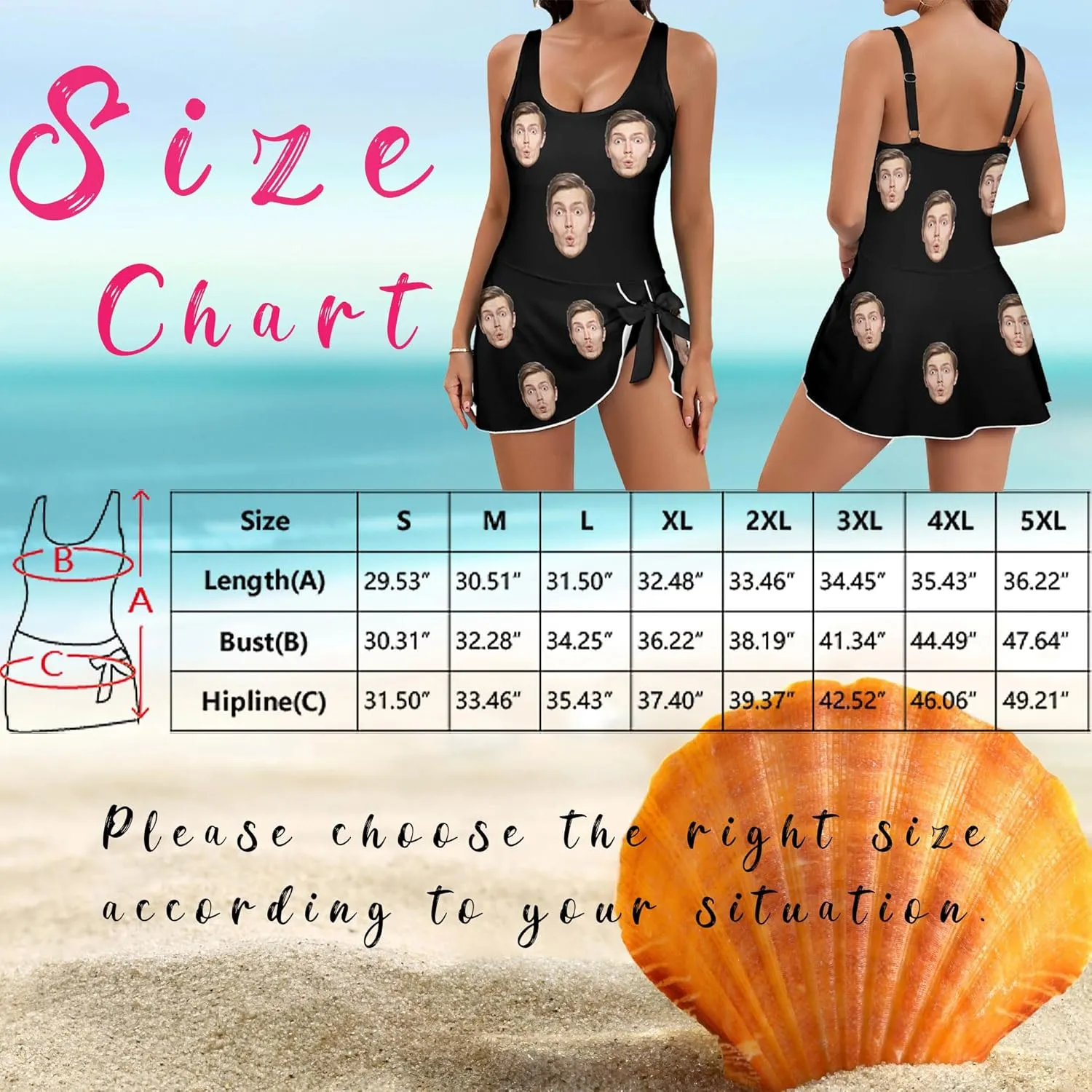 Personalized Face Swimsuit Women's One Piece Skirted Swimsuit Custom Picture Swimwear Bathing Suits with Face Photo