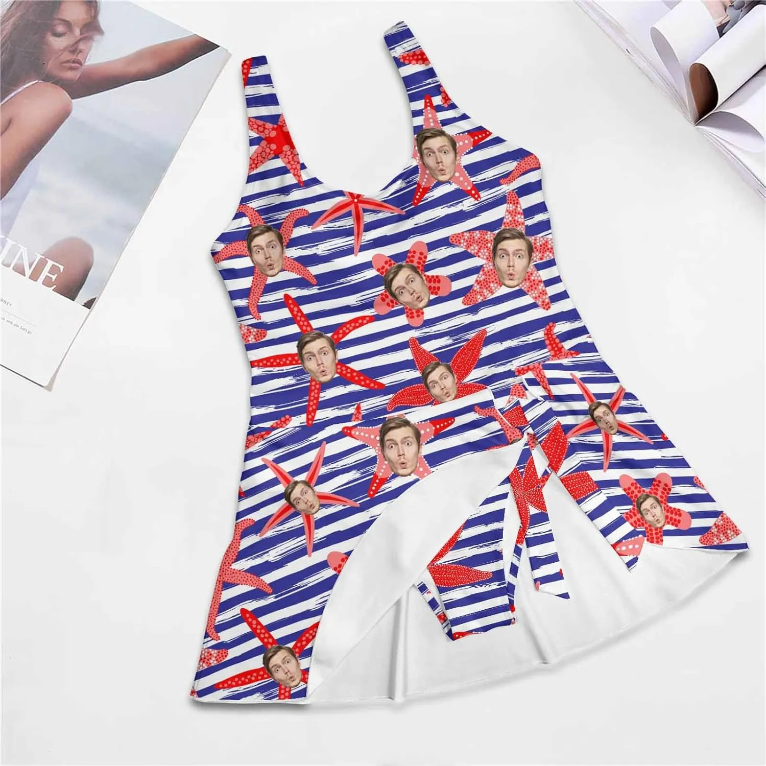 Personalized Face Swimsuit Women's One Piece Skirted Swimsuit Custom Picture Swimwear Bathing Suits with Face Photo