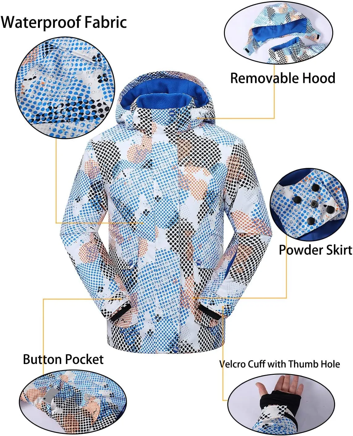 PHIBEE Men's Waterproof Ski Jacket Winter Warm Snow Coat Windproof Hooded Rain Jacket