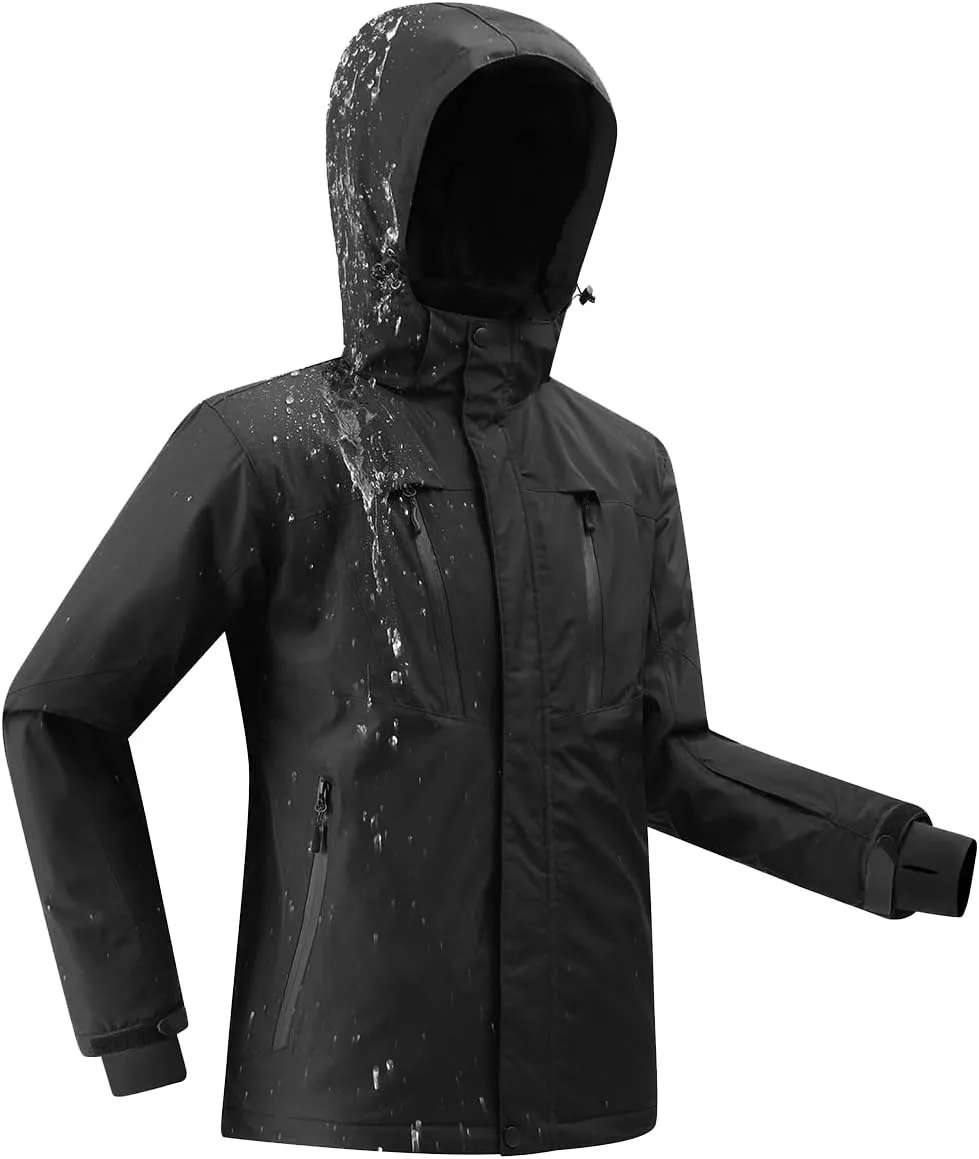 PHIBEE Men's Waterproof Ski Jacket Winter Warm Snow Coat Windproof Hooded Rain Jacket