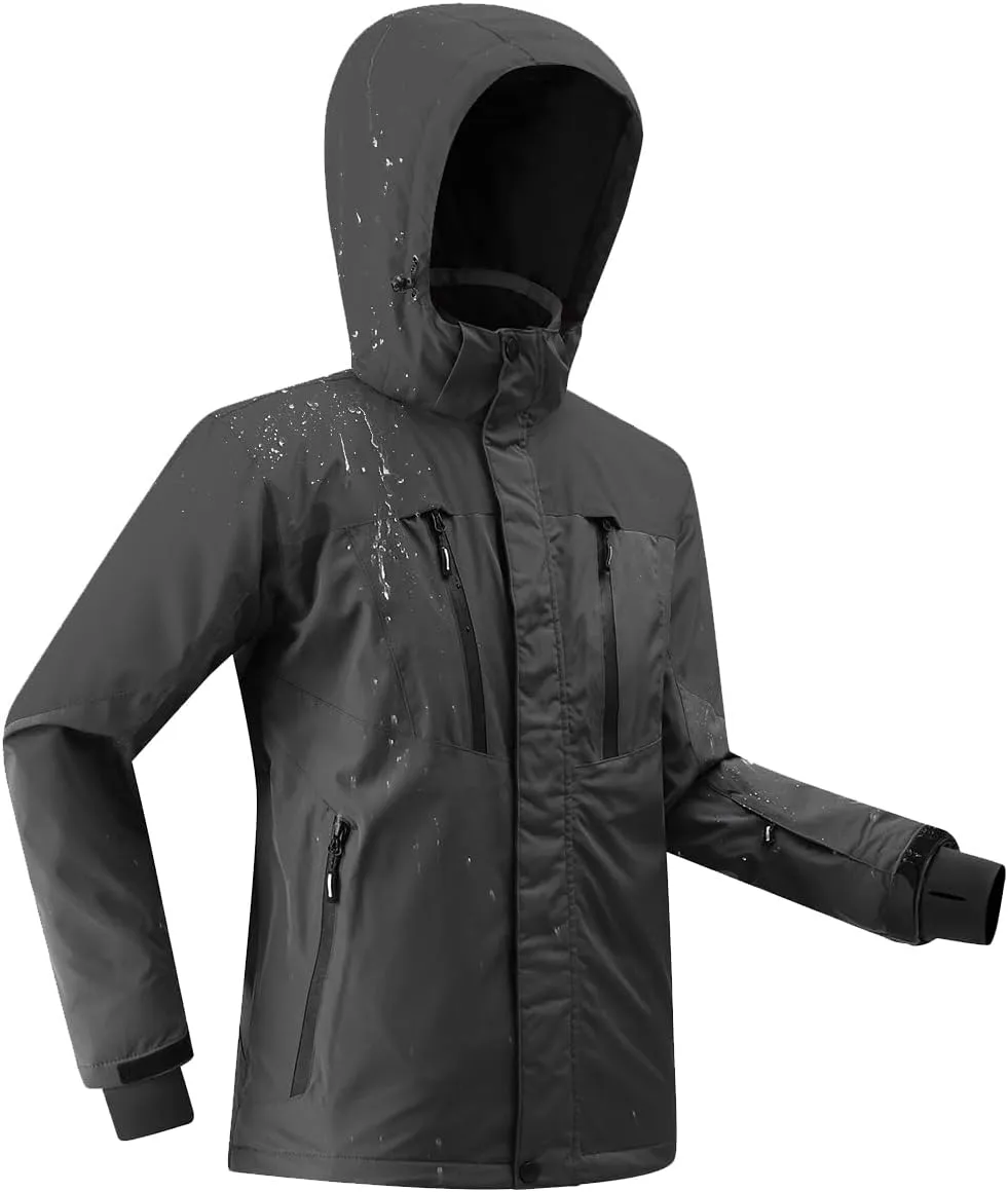 PHIBEE Men's Waterproof Ski Jacket Winter Warm Snow Coat Windproof Hooded Rain Jacket