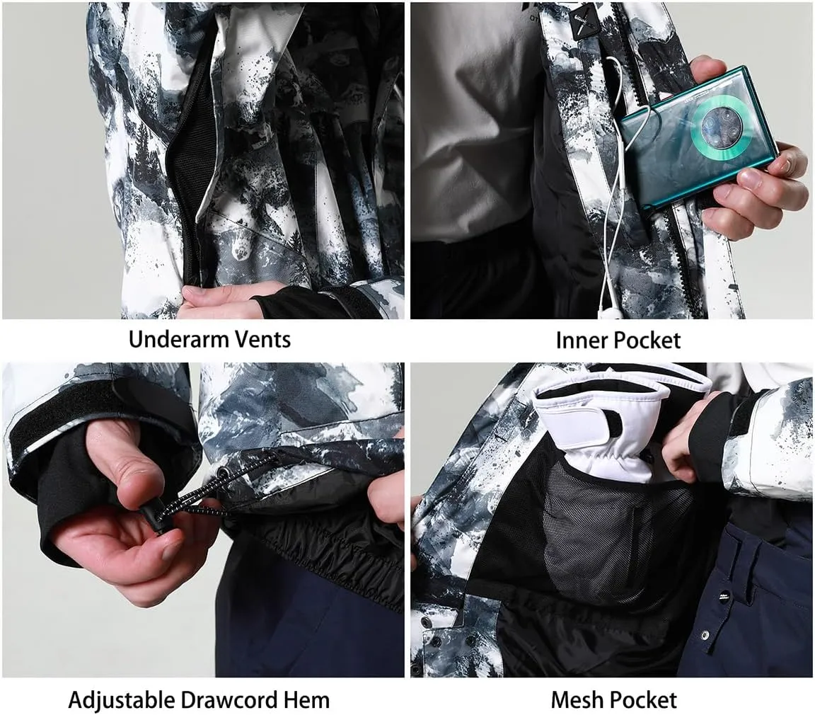 PHIBEE Men's Waterproof Ski Jacket Winter Warm Snow Coat Windproof Hooded Rain Jacket
