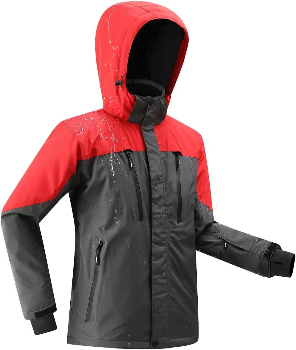 PHIBEE Men's Waterproof Ski Jacket Winter Warm Snow Coat Windproof Hooded Rain Jacket