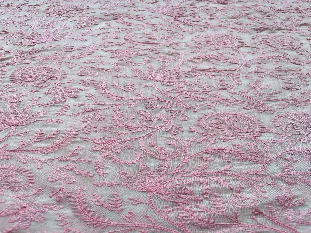 Pink Paisley Chikankari Embroidered Chanderi Fabric (wholesale)
