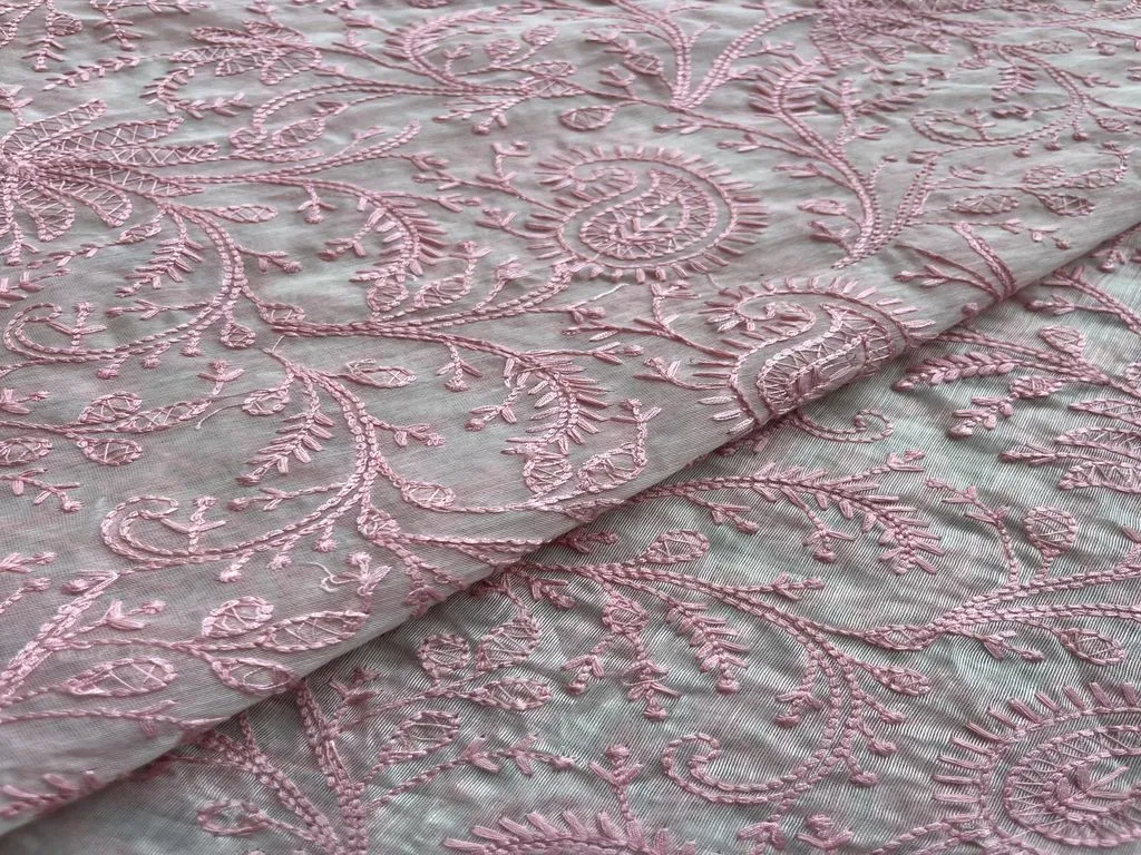 Pink Paisley Chikankari Embroidered Chanderi Fabric (wholesale)