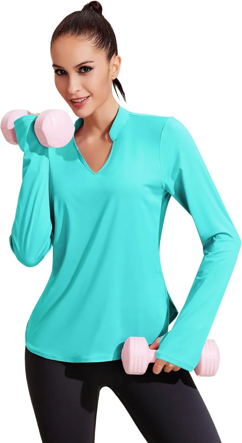 PINSPARK Women's Long Sleeve Workout Tops V Neck Athletic Yoga Shirts with Thumb Holes Quick Dry Gym Tops Loose Fit