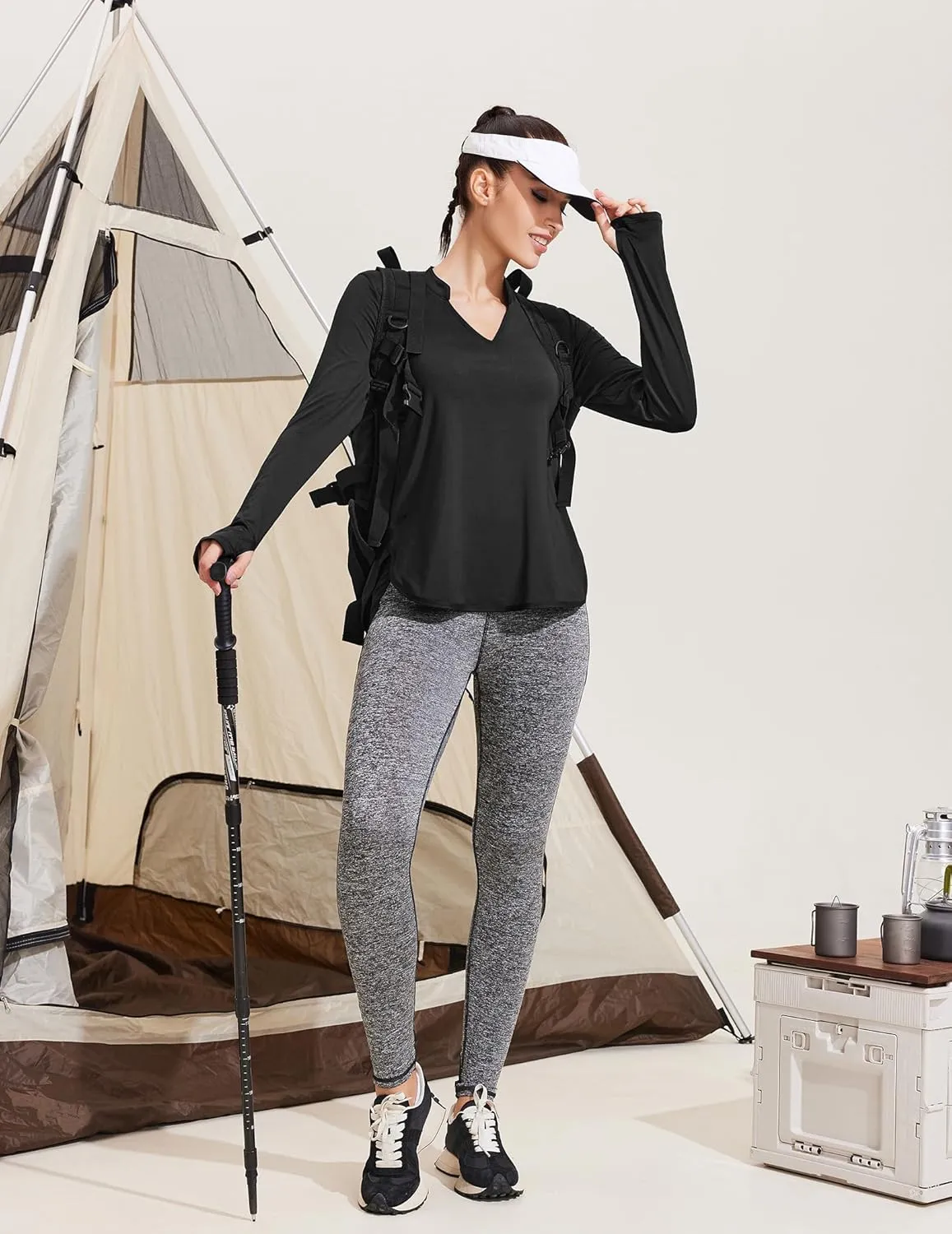 PINSPARK Women's Long Sleeve Workout Tops V Neck Athletic Yoga Shirts with Thumb Holes Quick Dry Gym Tops Loose Fit
