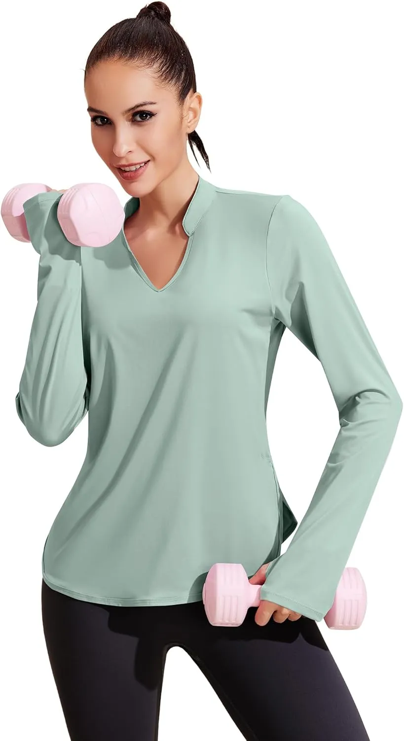 PINSPARK Women's Long Sleeve Workout Tops V Neck Athletic Yoga Shirts with Thumb Holes Quick Dry Gym Tops Loose Fit