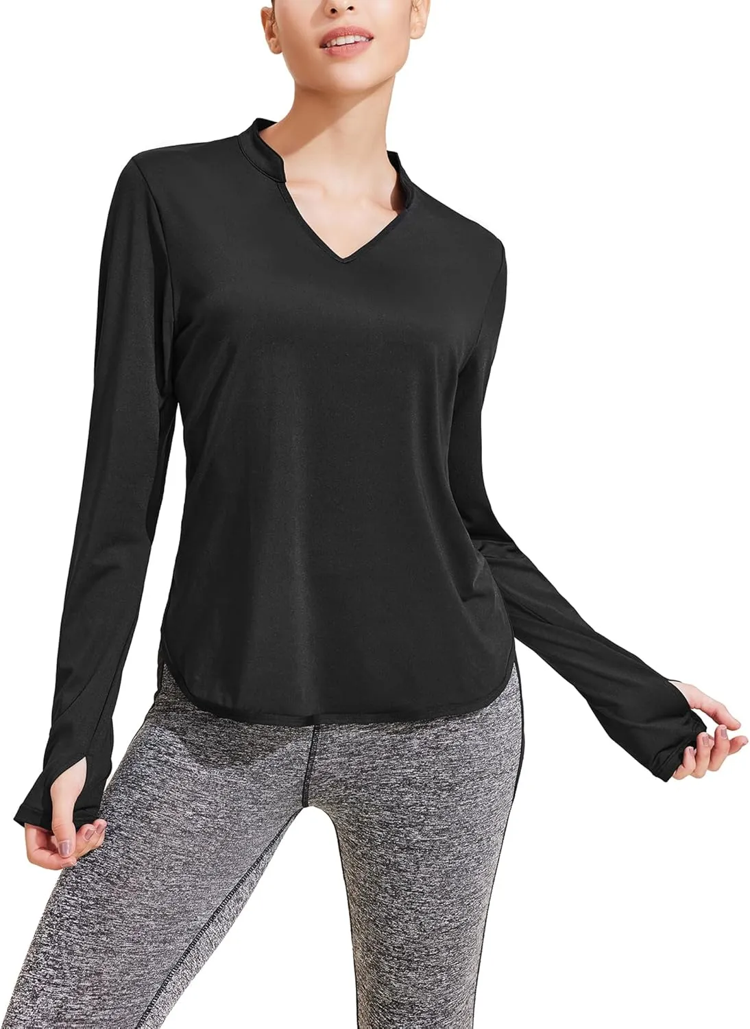 PINSPARK Women's Long Sleeve Workout Tops V Neck Athletic Yoga Shirts with Thumb Holes Quick Dry Gym Tops Loose Fit