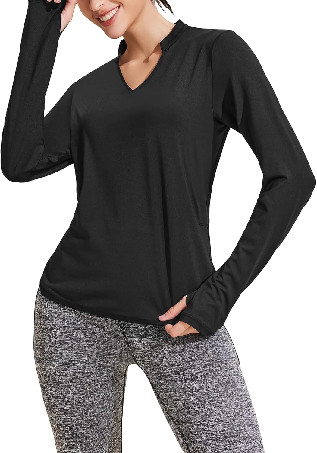 PINSPARK Women's Long Sleeve Workout Tops V Neck Athletic Yoga Shirts with Thumb Holes Quick Dry Gym Tops Loose Fit
