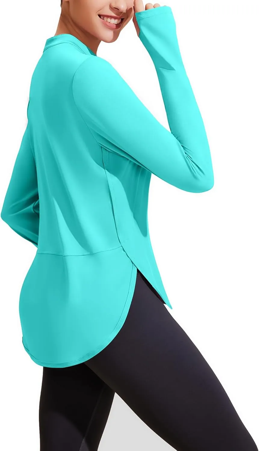 PINSPARK Women's Long Sleeve Workout Tops V Neck Athletic Yoga Shirts with Thumb Holes Quick Dry Gym Tops Loose Fit