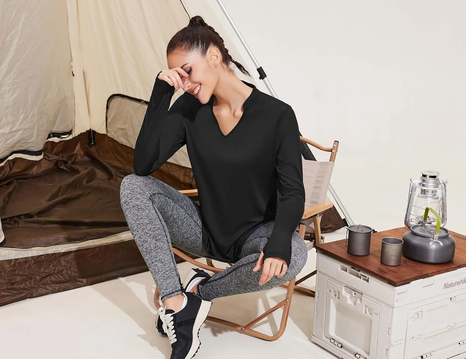 PINSPARK Women's Long Sleeve Workout Tops V Neck Athletic Yoga Shirts with Thumb Holes Quick Dry Gym Tops Loose Fit