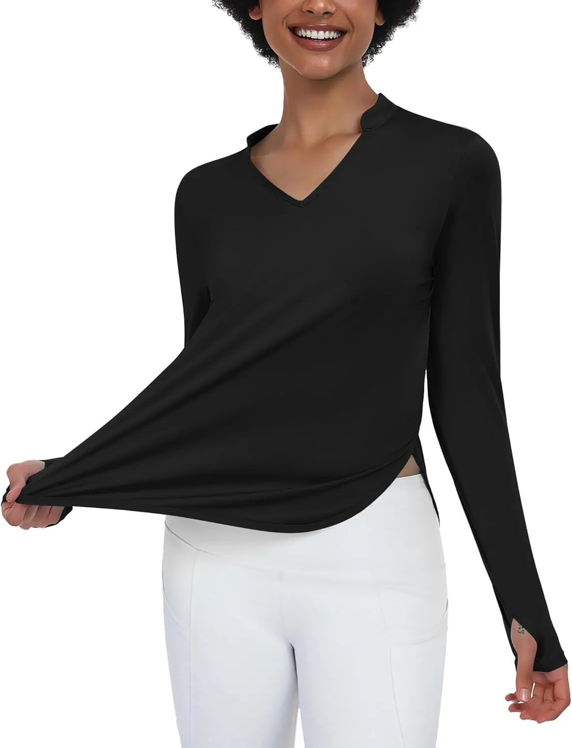 PINSPARK Women's Long Sleeve Workout Tops V Neck Athletic Yoga Shirts with Thumb Holes Quick Dry Gym Tops Loose Fit