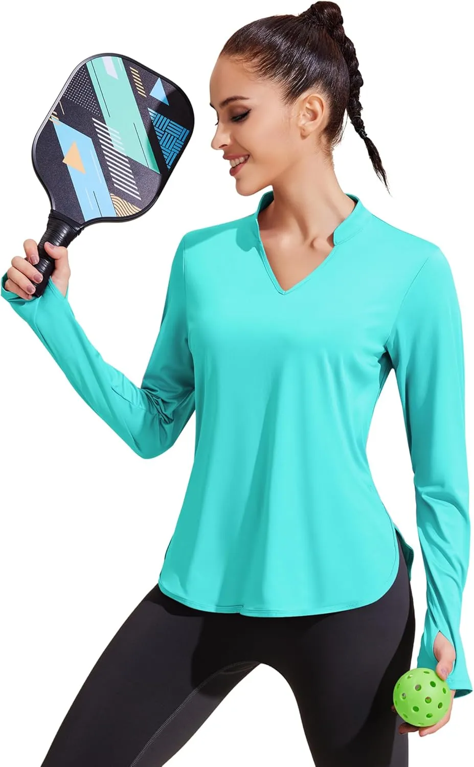 PINSPARK Women's Long Sleeve Workout Tops V Neck Athletic Yoga Shirts with Thumb Holes Quick Dry Gym Tops Loose Fit