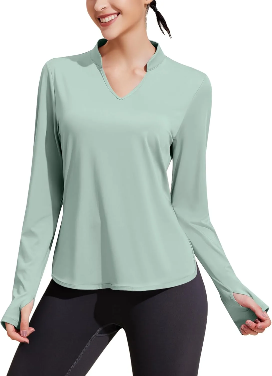 PINSPARK Women's Long Sleeve Workout Tops V Neck Athletic Yoga Shirts with Thumb Holes Quick Dry Gym Tops Loose Fit