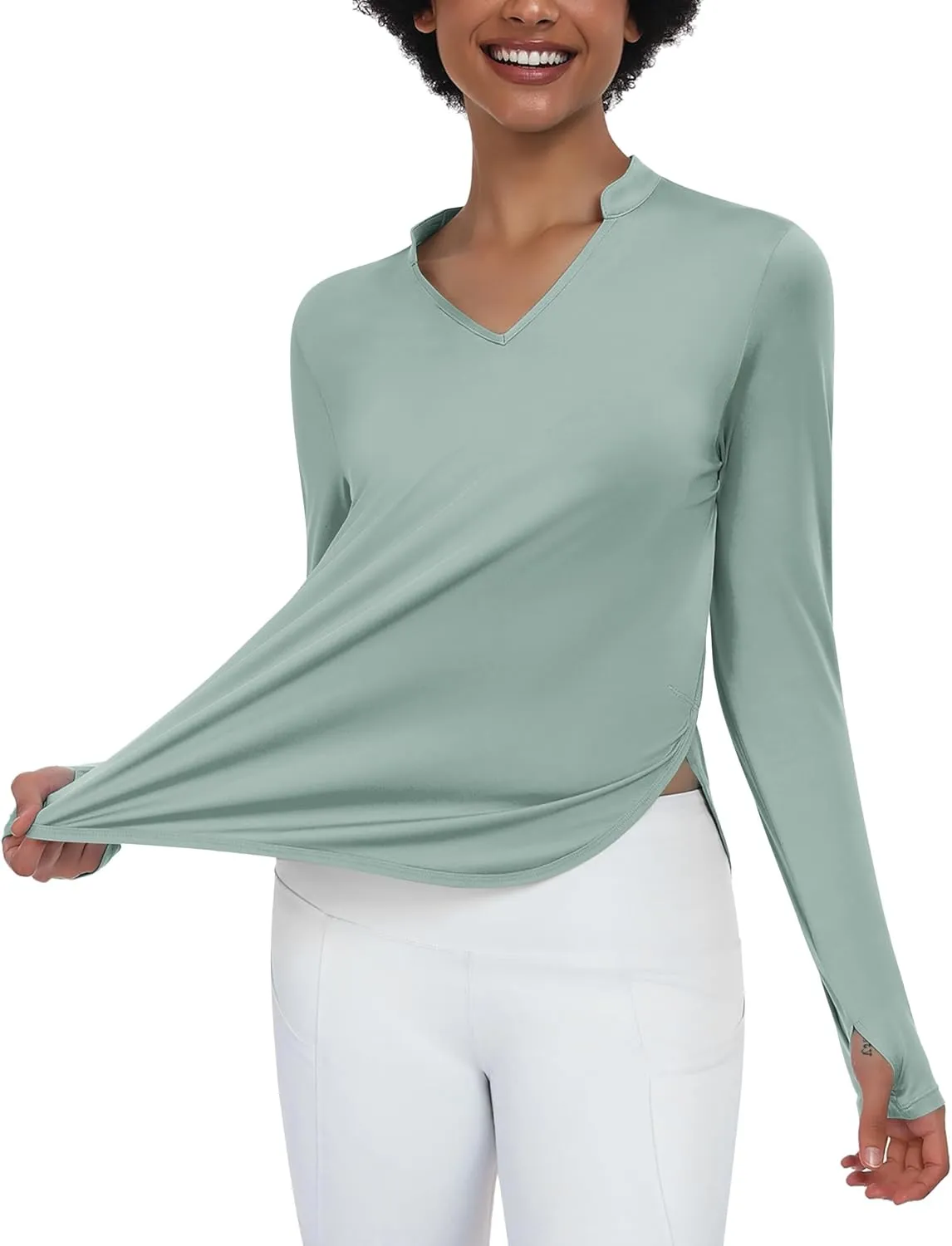 PINSPARK Women's Long Sleeve Workout Tops V Neck Athletic Yoga Shirts with Thumb Holes Quick Dry Gym Tops Loose Fit