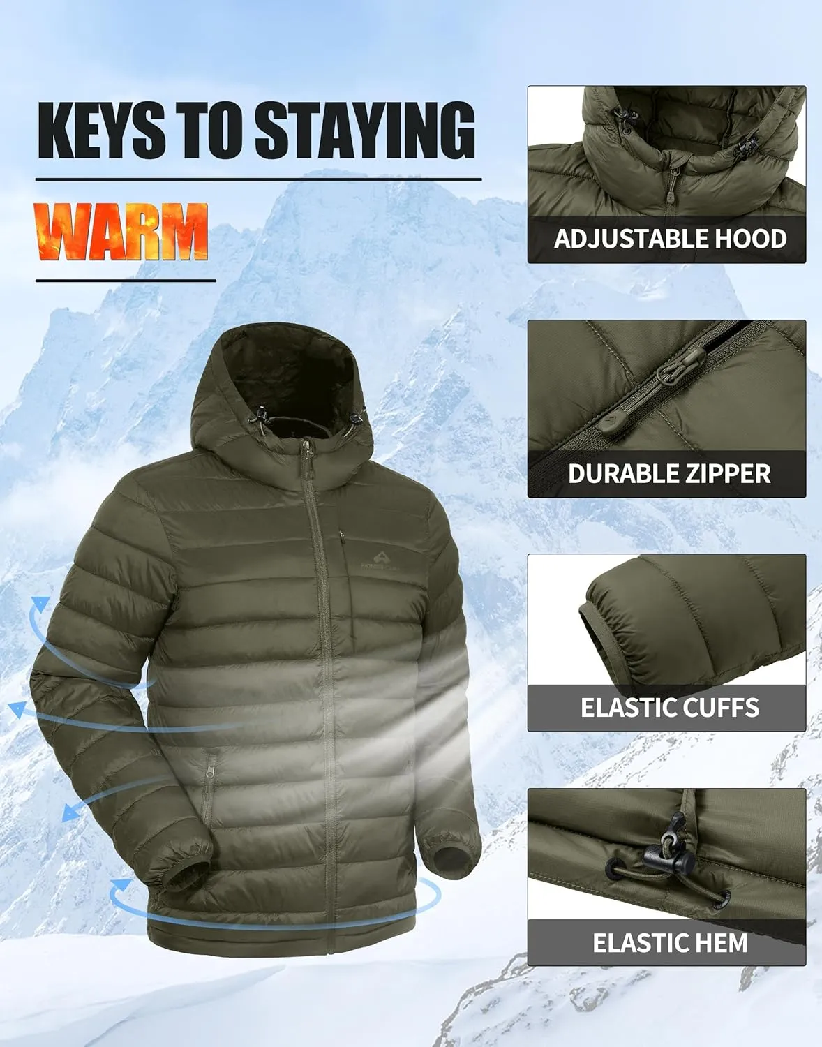 Pioneer Camp Men's Lightweight Packable Puffer Jacket with Hood Warm Puffy Winter Jacket Coat Insulated for Ski Hiking Travel
