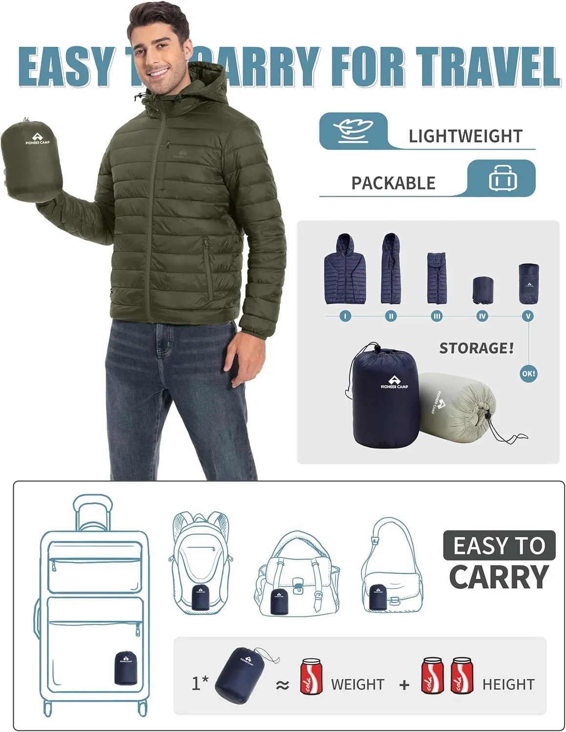 Pioneer Camp Men's Lightweight Packable Puffer Jacket with Hood Warm Puffy Winter Jacket Coat Insulated for Ski Hiking Travel