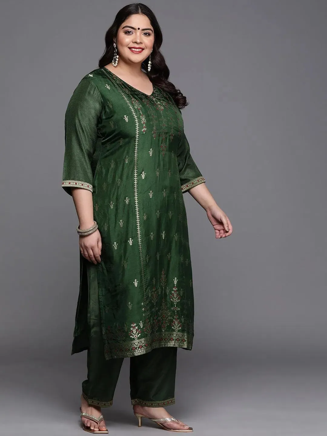 Plus Size Green Self Design Silk Blend Straight Kurta With Dupatta