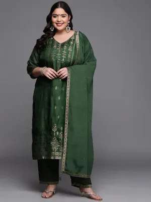 Plus Size Green Self Design Silk Blend Straight Kurta With Dupatta