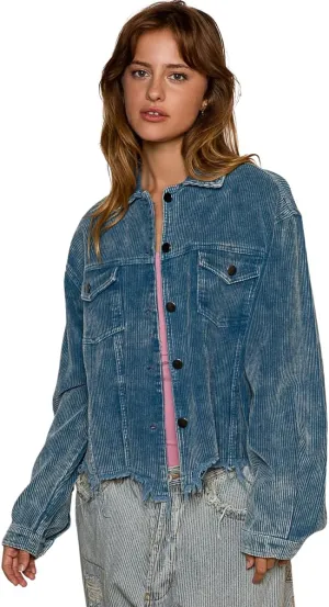 POL Clothing Women's Vintage Corduroy Jacket, Midnight Blue, Ripped Denim with Fringe Sleeves