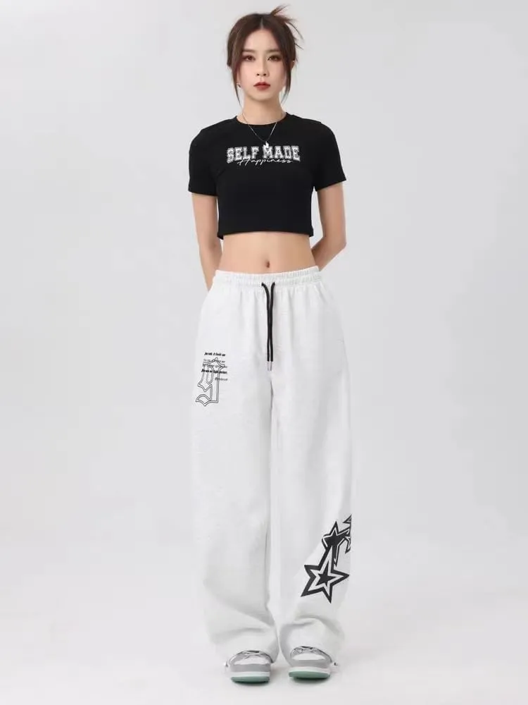 Pooyikoi Women Streetwear Sweatpants High Elastic Waist Loose Joggers Y2k Star Print Pants Harajuku Gothic Baggy Trousers