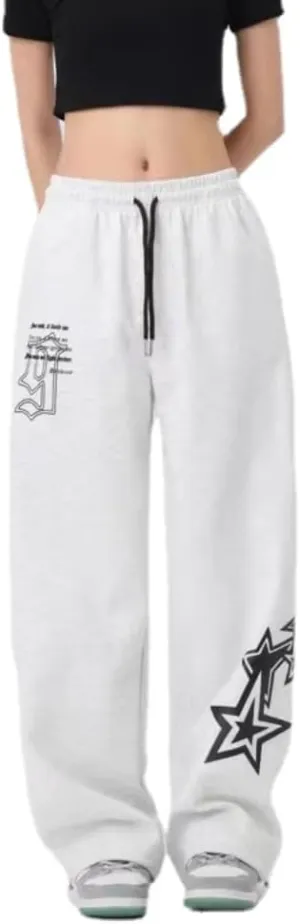 Pooyikoi Women Streetwear Sweatpants High Elastic Waist Loose Joggers Y2k Star Print Pants Harajuku Gothic Baggy Trousers